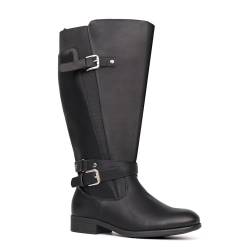 Chicblooms Damen Reitstiefel mit extra breitem Schaft, niedrigem Absatz, Knöchelriemen, schlankes Design, kniehohe Stiefel, Schwarz Synthetik EU 37 von Chicblooms