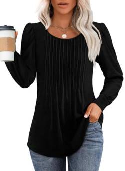 Chicrise 2024 Longshirt Damen Rundhals Langarm Mit Button Bluse Damen Elegant Plissee Puff Sleeve Top Schwarz Groß 42-44 L von Chicrise