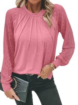 Chicrise Tshirt Damen Herbst 2024 Mit Spitze Ärmel Blouse Plissierte Basic Shirt Blusen Chic Rosa klein 34-36 von Chicrise