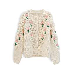 CHICWISH Damen Lila/Creme Stitch Floral Diamond Pom-Pom Handgestrickte Strickjacke, Cream, XS/S von Chicwish