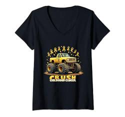 Damen Crush Kindheitskrebs-Bewusstsein Monster Truck & Goldband T-Shirt mit V-Ausschnitt von Childhood Cancer Awareness Warriors Survivors 2024