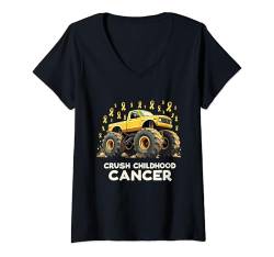 Damen Crush Kindheitskrebs-Bewusstsein Monster Truck & Goldband T-Shirt mit V-Ausschnitt von Childhood Cancer Awareness Warriors Survivors 2024