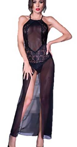 .Chilirose Damen Dessous langes Kleid Body in schwarz mit Schlitz vorn, Frontausschnitt und Spitze teiltransparent elastisch Größe: XL von Chilirose