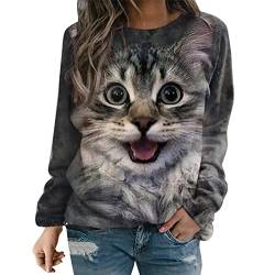 Chnnamzu Pullover Damen Süßes Katzenmotiv Sweatshirt Herbst Winter Langarm für Frauen Oberteile mit Katze Motiv Hemd Damenmode Lässig Langarm Bedruckte O-Neck Tops Sweatshirt Bluse von Chnnamzu