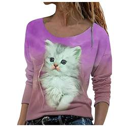 Chnnamzu Pullover Damen Süßes Katzenmotiv Sweatshirt Herbst Winter Langarm für Frauen Oberteile mit Katze Motiv Hemd Damenmode Lässig Langarm Bedruckte O-Neck Tops Sweatshirt Bluse von Chnnamzu