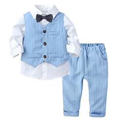 Choomomo Baby Jungen Taufanzug Hochzeitanzug Bekleidungset Festliche Gentleman Outfit Baumwolle Langarm Hemd + Fliege Weste Hose Blau 80-86 von Choomomo