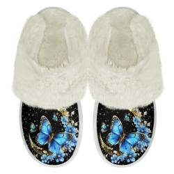 Chririnla Blaue Schmetterlingsblume Fuzzy Slipper für Frauen Indoor Memory Foam Schuhe Leichte flache Haus Schuhe Bequeme Anti Rutsch Winter Hausschuhe,38-39EU von Chririnla