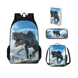 Chririnla Kinder-Rucksack, Dinosaurier-Schultasche mit Lunchtasche, Stifthalter, Buchschutz, Jungen, Dinosaurier-Büchertasche von Chririnla