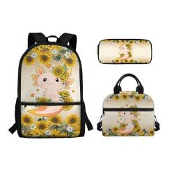 Chririnla Schulranzen-Set für Jungen und Mädchen, mit isolierter Lunchbox, Federmäppchen, großes Fassungsvermögen, Büchertasche, Reise-Tagesrucksack, Axolotls Sonnenblume, Tagesrucksack von Chririnla