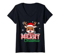 Damen Hirsch Merry Christmas Cute Groovy Christmas Holiday Xmas T-Shirt mit V-Ausschnitt von Christmas Matching Pajamas Xmas