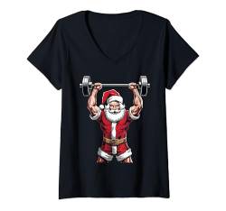 Damen Weihnachtsmann Gewichtheben Bodybuilding Fitness Gym Weihnachten T-Shirt mit V-Ausschnitt von Christmas Santa's Sporting Style