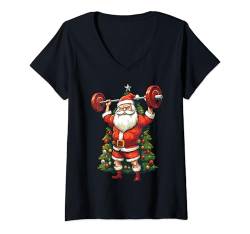 Damen Weihnachtsmann Gewichtheben Bodybuilding Fitness Gym Weihnachtsbaum T-Shirt mit V-Ausschnitt von Christmas Santa's Sporting Style