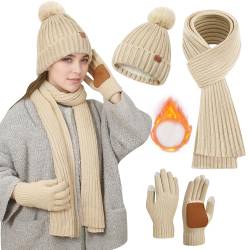 Beige Mütze,Schal & Handschuh-Sets für Damen,Schal und Mütze Damen Set Winter Mütze Schal Handschuhe Set Damen Mütze mit Schal Damen,Bommel Mütze Schal Touchscreen Handschuhe Winterset Damen Geschenke von Chritice