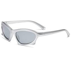 Cicano Trendige Wickel-Sonnenbrille Y2k Fashion Shades Oval Futuristische Katzenauge Sonnenbrille, silber von Cicano
