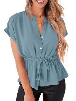 Cicy Bell Damen Bluse V-Ausschnitt Hemdbluse Kurzarm Chiffon Blusen Sommer Lässiges Hemd mit Kordelzug (Blau, XL) von Cicy Bell