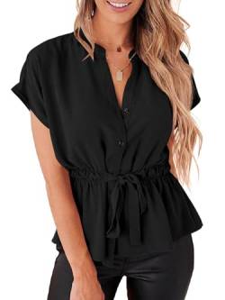 Cicy Bell Damen Bluse V-Ausschnitt Hemdbluse Kurzarm Chiffon Blusen Sommer Lässiges Hemd mit Kordelzug (Schwarz, L) von Cicy Bell