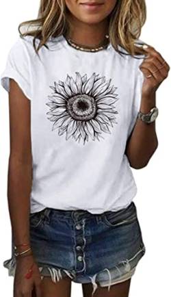 Cicy Bell Damen Sonnenblumen T Shirt Sommer Kurzarm Niedlich Grafik Lose T-Shirts Für Damen Tops Weiss XL von Cicy Bell