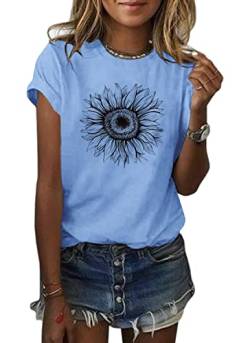 Cicy Bell Damen-T-Shirts, kurzärmelig, Sonnenblumen-Grafik, lockere Sommer-Tops, Blau, Klein von Cicy Bell