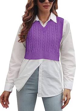 Cicy Bell Damen V-Ausschnitt Strick Pullover Weste Solide Plaid Ärmellose Crop Strickweste Violett M von Cicy Bell