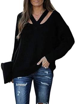 Cicy Bell Pullover für Damen V-Ausschnitt Hollow Out Oberteile Langarm Lässige Stricktops Schwarz XL von Cicy Bell