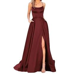 Cihdmfb Abendkleid Damen Elegant Lange Schulterfrei Ballkleider Satin A-Linie Hochzeitskleid Sexy Neckholder Spaghetti Brautkleid Kleider mit Taschen Lang Prinzessin Brautjungfer Kleid(A Wein,M) von Cihdmfb