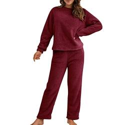 Cihdmfb Hausanzug Damen Winter Teddy Fleece Warme Schlafanzug Casual Langarm Hoodies und Hosen 2 Stück Anzug Set Mit Kapuze Pullover und Haushose Weich Freizeitanzug Warm Homewear Set(D Wein,M) von Cihdmfb