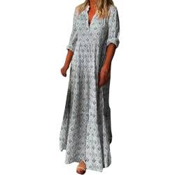 Cihdmfb Sommerkleid Damen Sommer V-Ausschnitt Langarm Strandkleider Freizeit Lose Lange Boho Blumenkleid Maxikleid Vintage Blumenmuster Tunikakleider Freizeitkleid A-Linie Kleid(A Grau,XL) von Cihdmfb