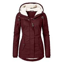 Cihdmfb Wintermantel Damen Winter Warm Gefüttert Fleece Parka Mittellang Winterjacke Winterparka Langarm Casual Steppjacke mit Kapuze Outdoor Dicke Trachtenjacke Coat Große Größe(C Rot,S) von Cihdmfb