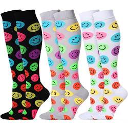 Cindeer 3 Paar Smile Face Lustige Kniestrümpfe für Frauen Gesicht Gemusterte Design Socken Neuheit Kniestrümpfe, Smile Face, Small-Medium von Cindeer