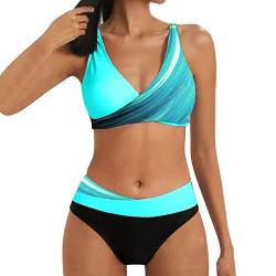 Clacce Damen Bikini Set Elegante Zweiteilige Bademode Zweiteiliger Push Up Sexy Farbblockdruck mit Brustpolster Swimsuit Set (0218#B-Light Blue, S) von Clacce