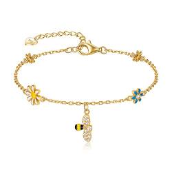 Clearine Biene Blume Armband 925 Silber Charm Honey Biene CZ Schmuck Geschenk für Damen Mädchen Gold-Ton von Clearine