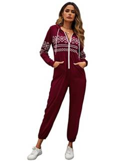 Clearlove Jumpsuit Damen Kuschelig Weihnachten Zipper Hoodie Overall Freizeitanzug One Piece Ganzkörperanzug Einteiler Pyjama Schlafanzug Trainingsanzug Hausanzug mit Kapuze und Taschen (Weinrot, S) von Clearlove