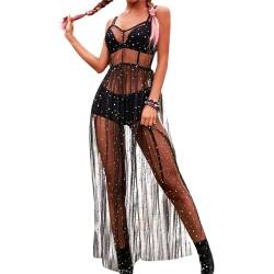 Cleminsta Durchsichtiges Mesh Kleid Strand Bikini Cover Up, Transparent Kleid Lang Schwarz L, Ärmelloses Maxikleid, Glitzer Damen Mesh Strandkleider von Cleminsta