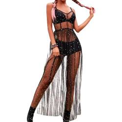 Cleminsta Durchsichtiges Mesh Kleid Strand Bikini Cover Up, Transparent Kleid Lang Schwarz M, Ärmelloses Maxikleid, Glitzer Damen Mesh Strandkleider von Cleminsta