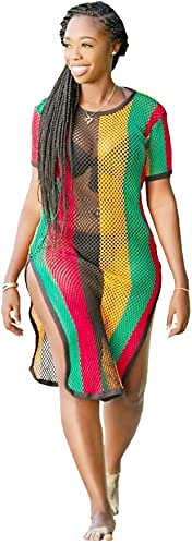 Clossy London 100% Baumwolle Damen Rasta Jamaikanische Arbeit Arbeit String Mesh Fischnetz Kleid Schlitz Durchsichtig Mehrfarbig Schwarz Rot Grün Gelb Hip Hop Dance Club von Clossy London