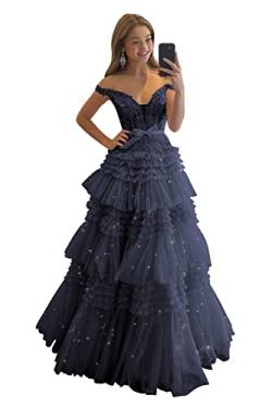 Clothfun Gestuftes Glitzer-Tüll-Abschlussballkleid für Damen, langes Ballkleid, schulterfrei, Spitze, formelles Abendkleid, Stormy Blue, 18 Plus von Clothfun