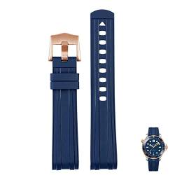 Clouismus Für Omega Seamaster 300 Universe 007 gebogenes Ende Fluores Gummi Silikon Uhrenband 20mm 22m Uhr Weichgurt Männer Ersatz(Blue Rose gold,22mm) von Clouism