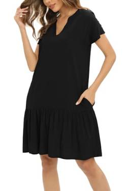 Cobciecs Blusenkleid Damen Sommer - Kleider Damen Sommer Hemdkleid Damen Sommer Knielang Sommerkleid Sommerkleider Große Größen Rüschenkleid mit Eingrifftaschen Schwarz,L von Cobciecs