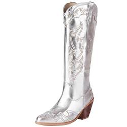 Cocey Damen Klassische Westernstiefel zum Hineinschlüpfen mit Blockabsatz (Silber,41) von Cocey