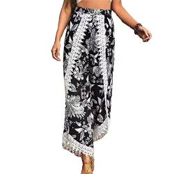 Damen Geradem Bein Hose Boho Lange Hosen mit Schlitz Lockere Weites Bein Yogahose Sommerhose Bedruckte Hosen mit Spitzenbesatz weites Bein Palazzo Hose Lose Freizeit Strandhose (L) von Cocoarm