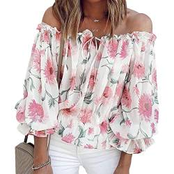 Damen Off Shoulder Bluse Schulterfrei Tops Blumen Muster Oberteile Puffärmel Casual Lose Tunika Rüschenhülse V-Ausschnitt 3/4 Trompetenärmel Casualshirt Sommertop T-Shirt(XXL-Weiß) von Cocoarm