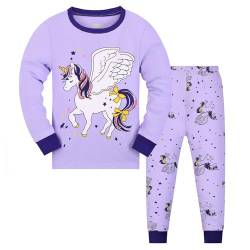 Codkkre Schlafanzug Mädchen Einhorn Kinder Pyjama Baumwolle Langarm Winter Unicorn Schlafanzüge Zweiteiliger Größe 104, Lila/Einhorn von Codkkre