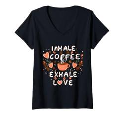 Damen KAFFEE EINATMEN LIEBE AUSATMEN T-Shirt mit V-Ausschnitt von Coffee Expert CHOICE T for Girl Woman, LIFE & LOVE