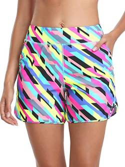 Colloyes Damen Boardshorts mit hoher Taille, UV-Sonnenschutz, Strand-Shorts, schnelltrocknend, athletische Badeshorts, Bunte Streifen, XL von Colloyes