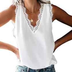 Coloody Damen Tank Tops Sommer Ärmellose Blusentop Spitzen V-Ausschnitt Weste Tops Casual Shirt Tops Bluse(Weiß) L von Coloody