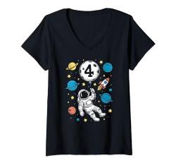 Damen 4. Geburtstag Weltraum Astronaut Ballon Planeten 4 Jahre alt Kinder T-Shirt mit V-Ausschnitt von Colorful Astronaut Birthday Tees for Kids