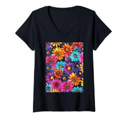 Damen Libellen Blumenmuster Gänseblümchen Blumen Boho T-Shirt mit V-Ausschnitt von Colorful Bright Tropical Artistic Summer