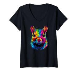 Damen Buntes Eichhörnchengesicht, niedlicher Regenbogen-Tierliebhaber, Schwarz T-Shirt mit V-Ausschnitt von Colorful Dog Face