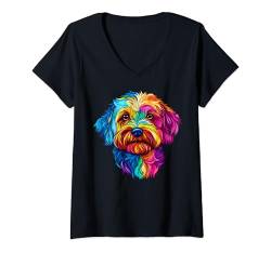 Damen Buntes Maltipoo Gesicht niedlicher Hundeliebhaber Männer Frauen schwarz T-Shirt mit V-Ausschnitt von Colorful Dog Face