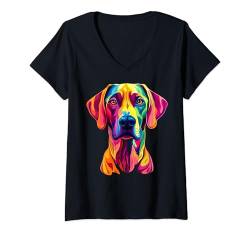 Damen Buntes Rhodesian Ridgeback Gesicht Regenbogen Hundeliebhaber schwarz T-Shirt mit V-Ausschnitt von Colorful Dog Face